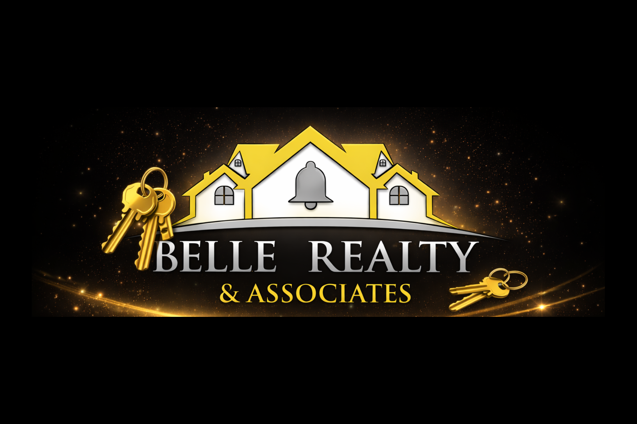 Logo for Belle Realty & Associates featuring yellow and white houses, a large bell, and gold keys on a black background with gold sparkles.