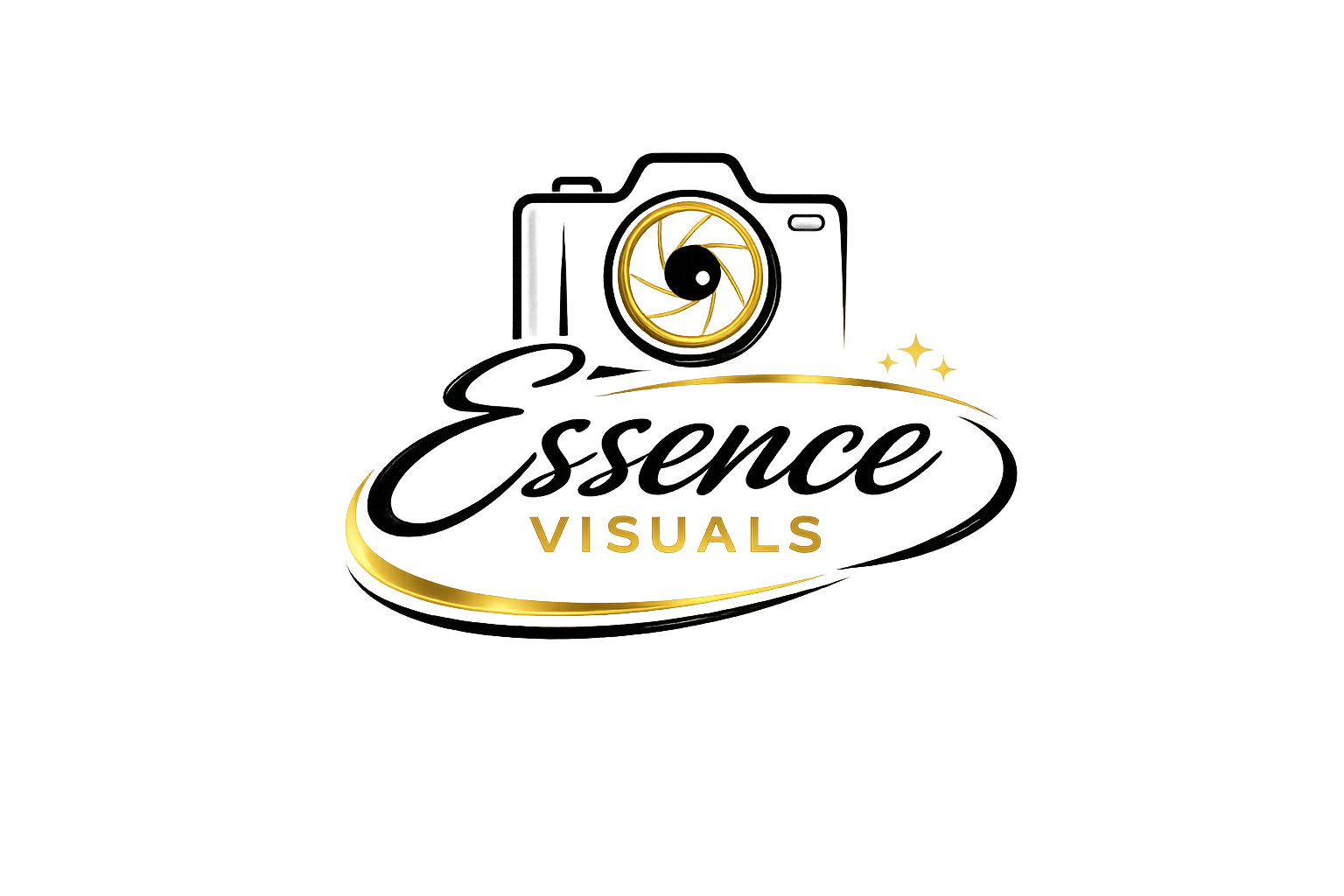 A logo for Essence Visuals featuring a camera with a gold lens, with the words 'Essence Visuals' written in black and gold, with a black oval outline around the text.