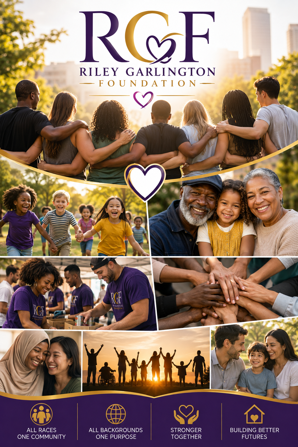 A collage of diverse groups of people outdoors, including children, adults, and seniors, smiling and holding hands in community activities, with text referencing the Riley Garlington Foundation and its mission for unity and inclusivity.