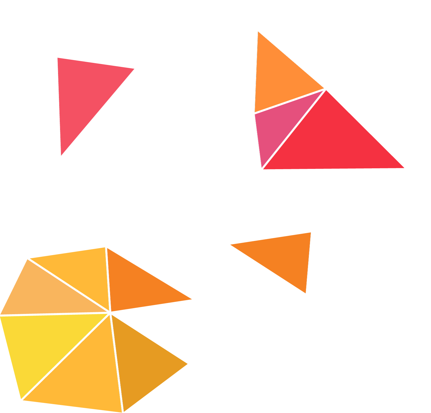 Colorful geometric shapes: a pink triangle, a multi-colored triangle, an orange triangle, a yellow pentagon, and an orange triangle, arranged in a pattern.