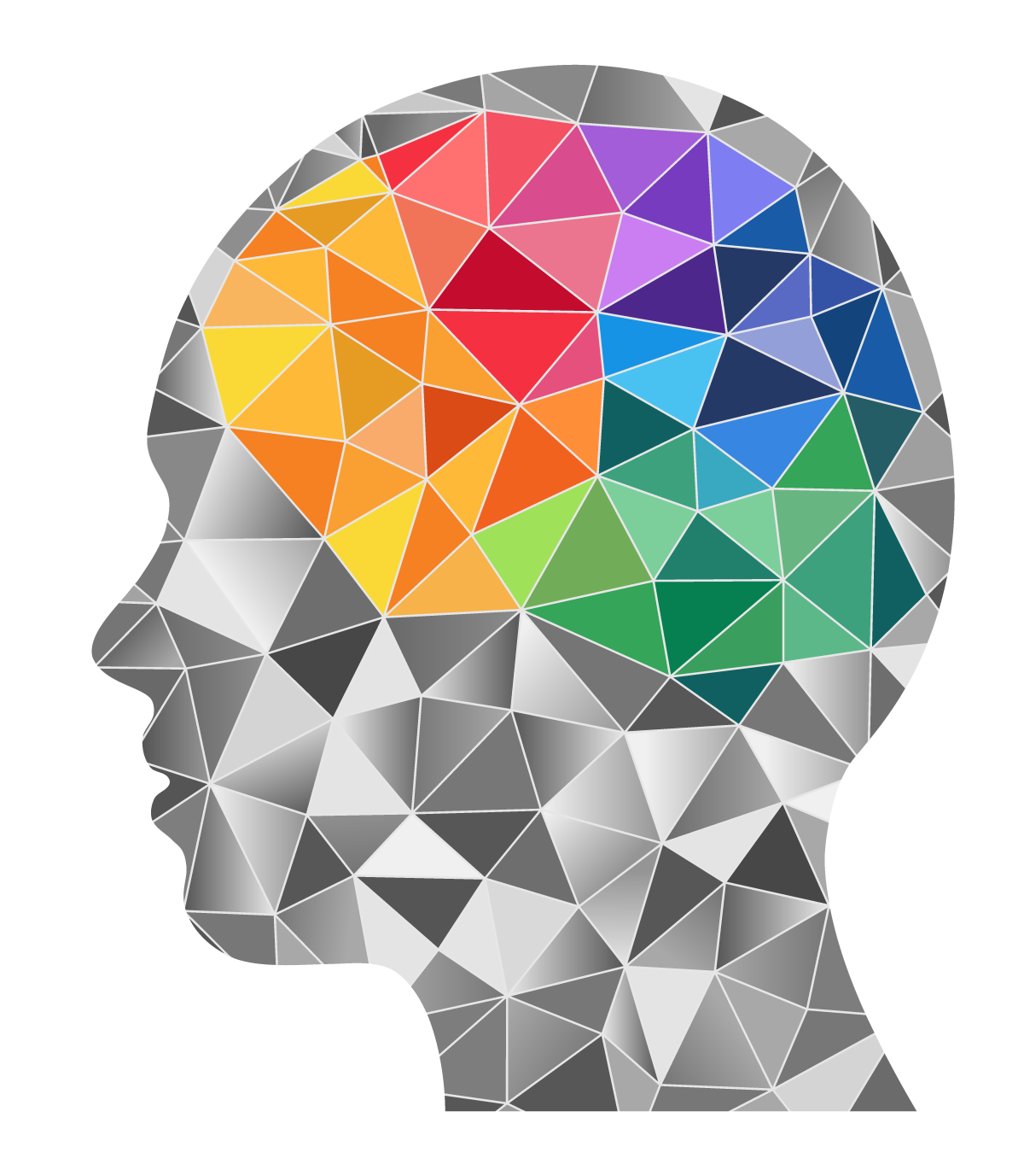 Side profile of a human head made of geometric mesh with a colorful brain illustration inside