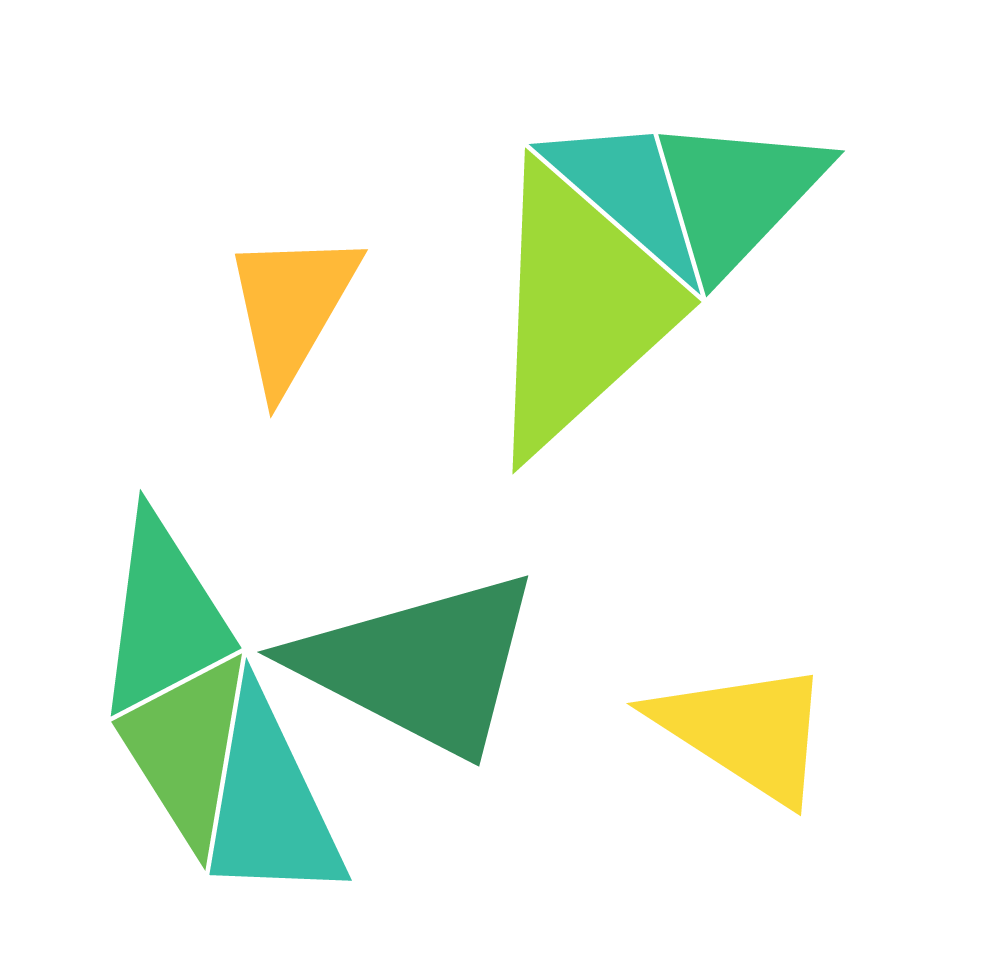 An abstract geometric image composed of various colorful triangles and quadrilaterals on a black background.