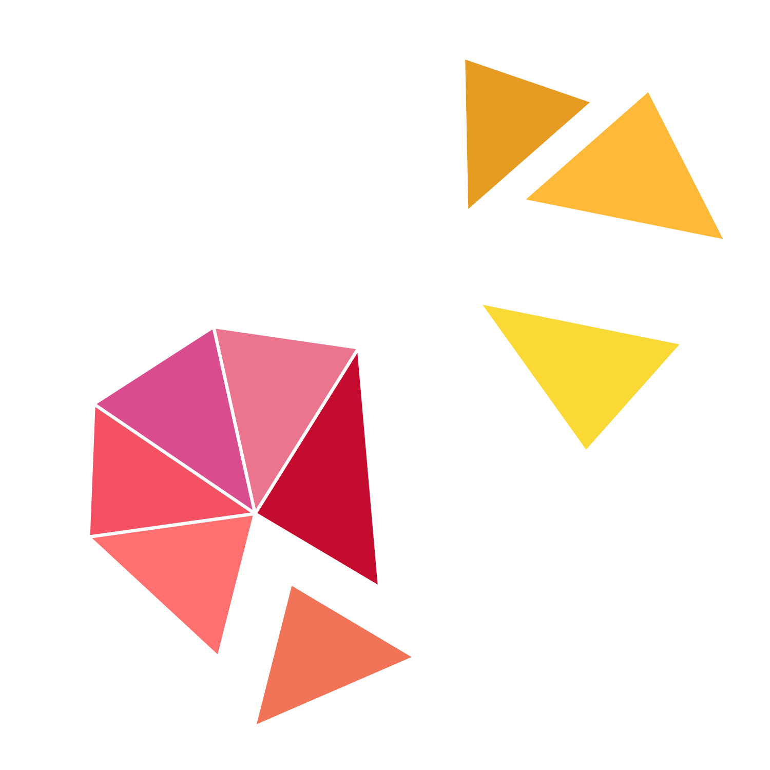 Colorful geometric shapes including triangles, parallelograms, and diamonds arranged on a black background.