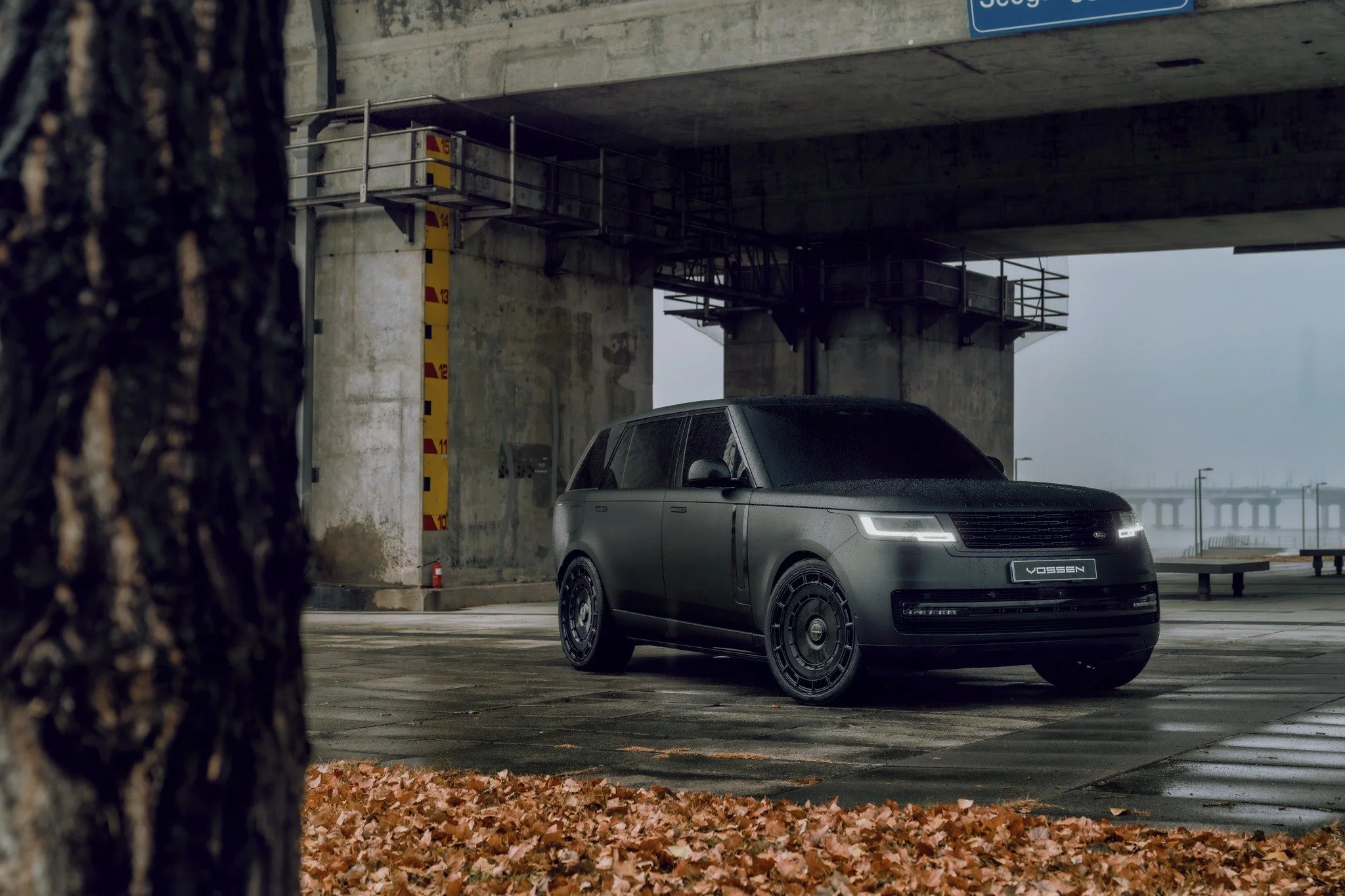 A matte black Range Rover Velar parked under a bridge on a rainy day, with fallen leaves on the ground and a tree trunk partially visible on the left side.