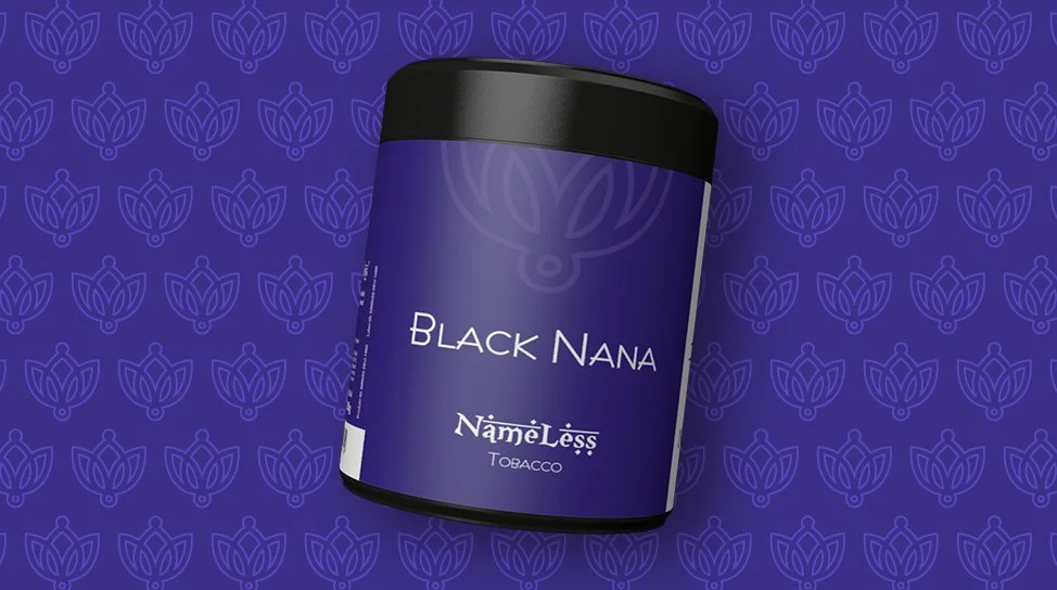A container of Black Nana tobacco with a purple background and a pattern of lotus flower designs.