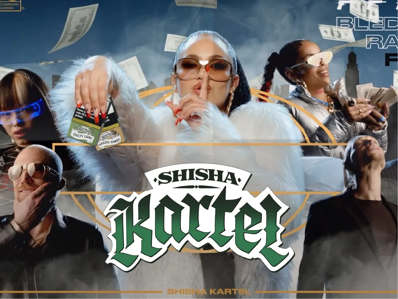 Group of diverse people in fashionable clothing and sunglasses, surrounded by flying money and city skyline background, with 'Shisha Kartel' logo in the foreground.