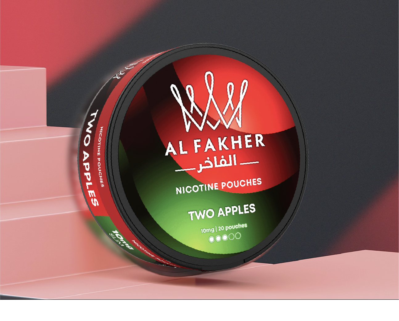 A round container of Al Fakher nicotine pouches with a red, black, and green label. The label displays the brand name, flavor "Two Apples," dose of 10mg, and indicates 20 pouches inside.