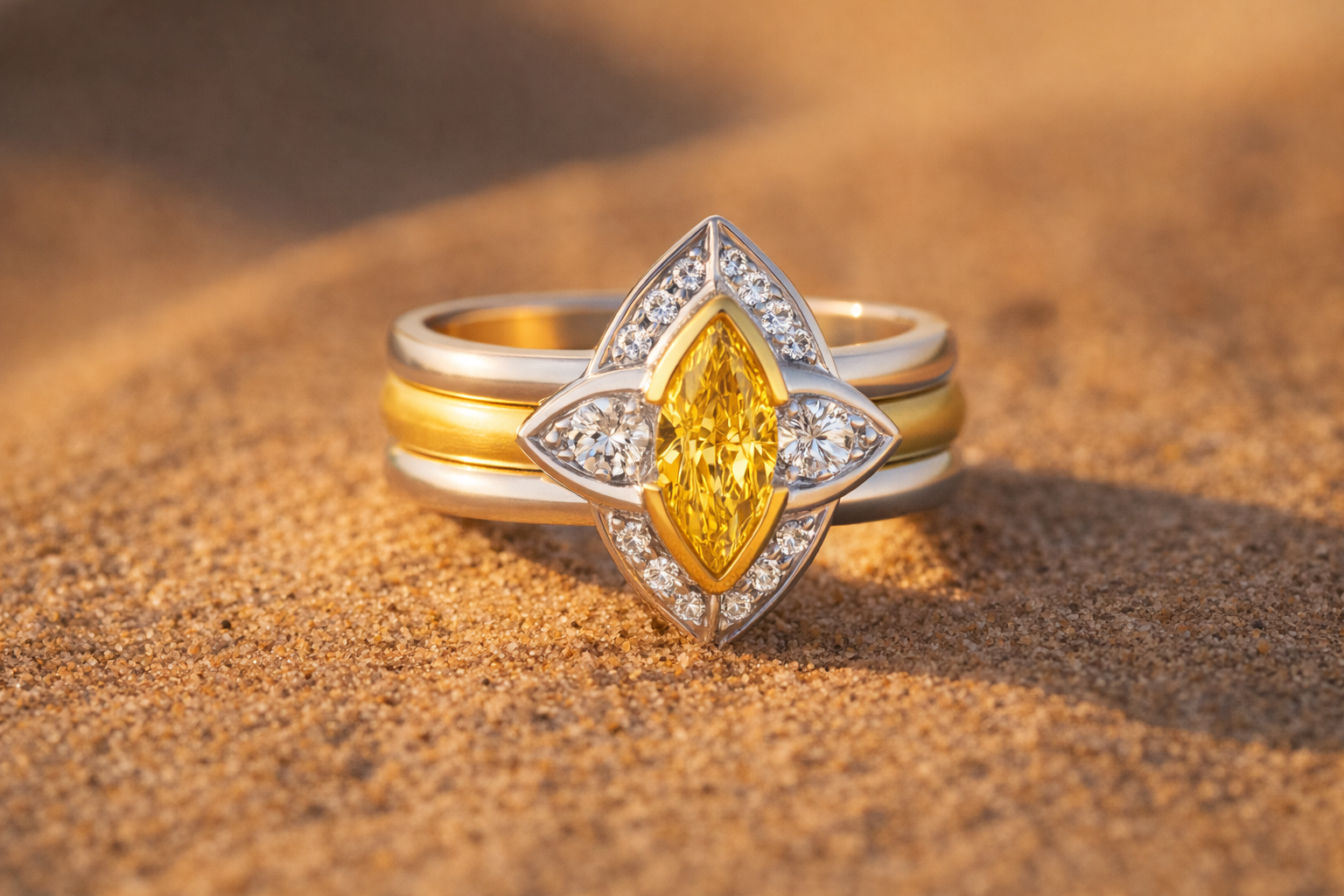 A white and yellow gold ring with diamonds and a yellow gemstone.