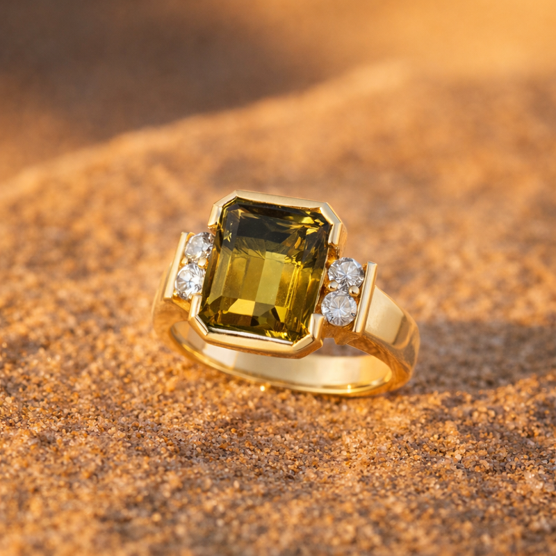 A gold ring with a large green gem and diamonds.