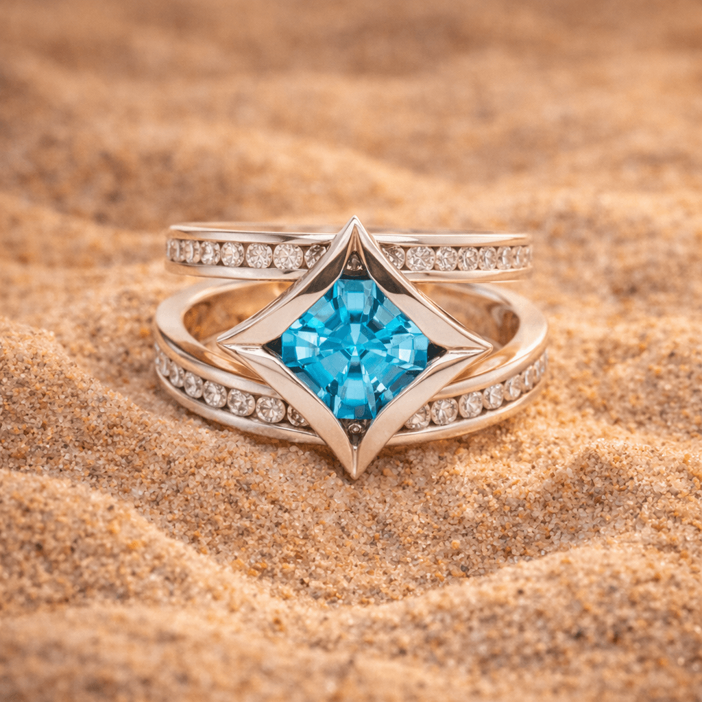 Blue zircon dress ring set with round brilliant cut diamonds in white gold.