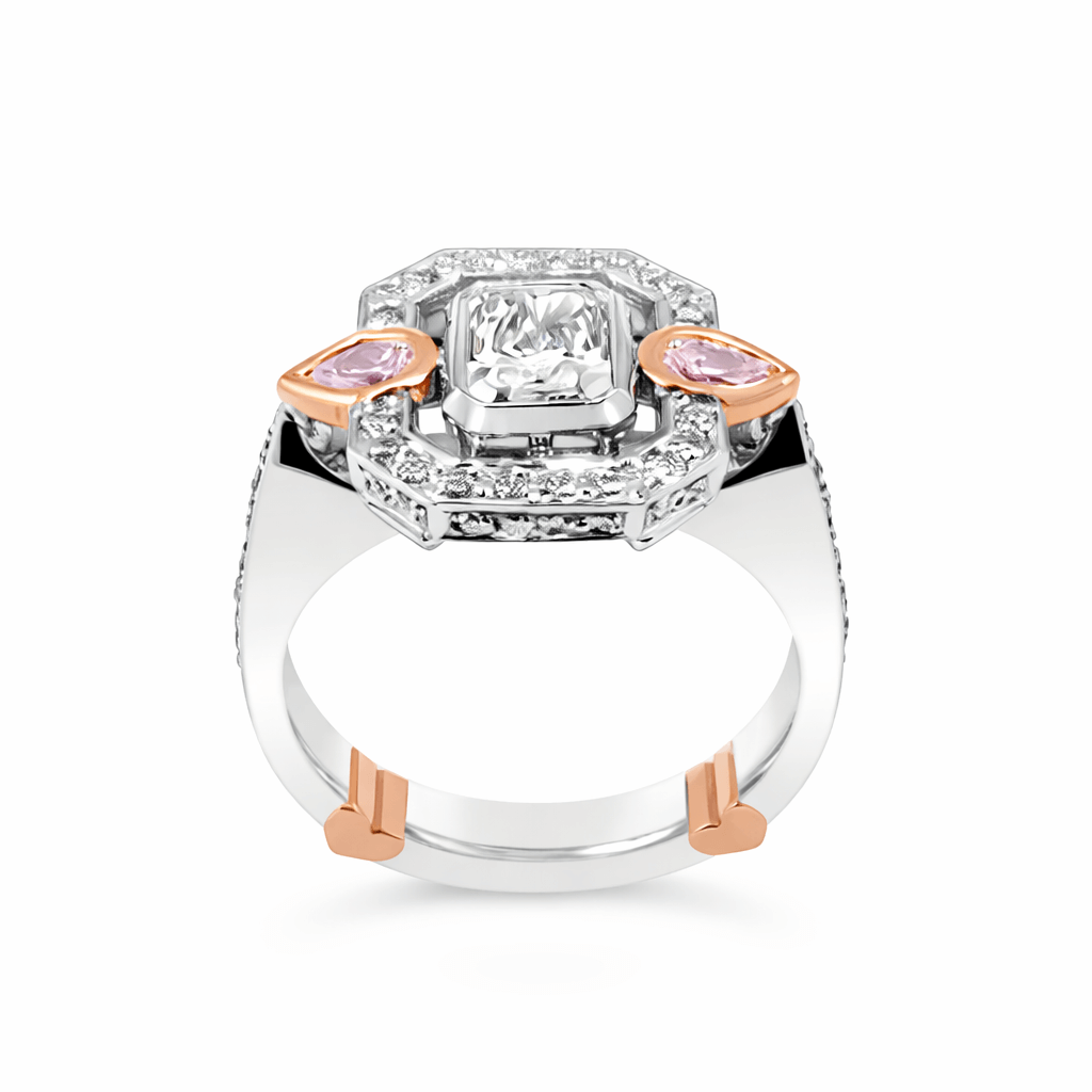 Pink and white diamond dress ring set in rose and white gold.