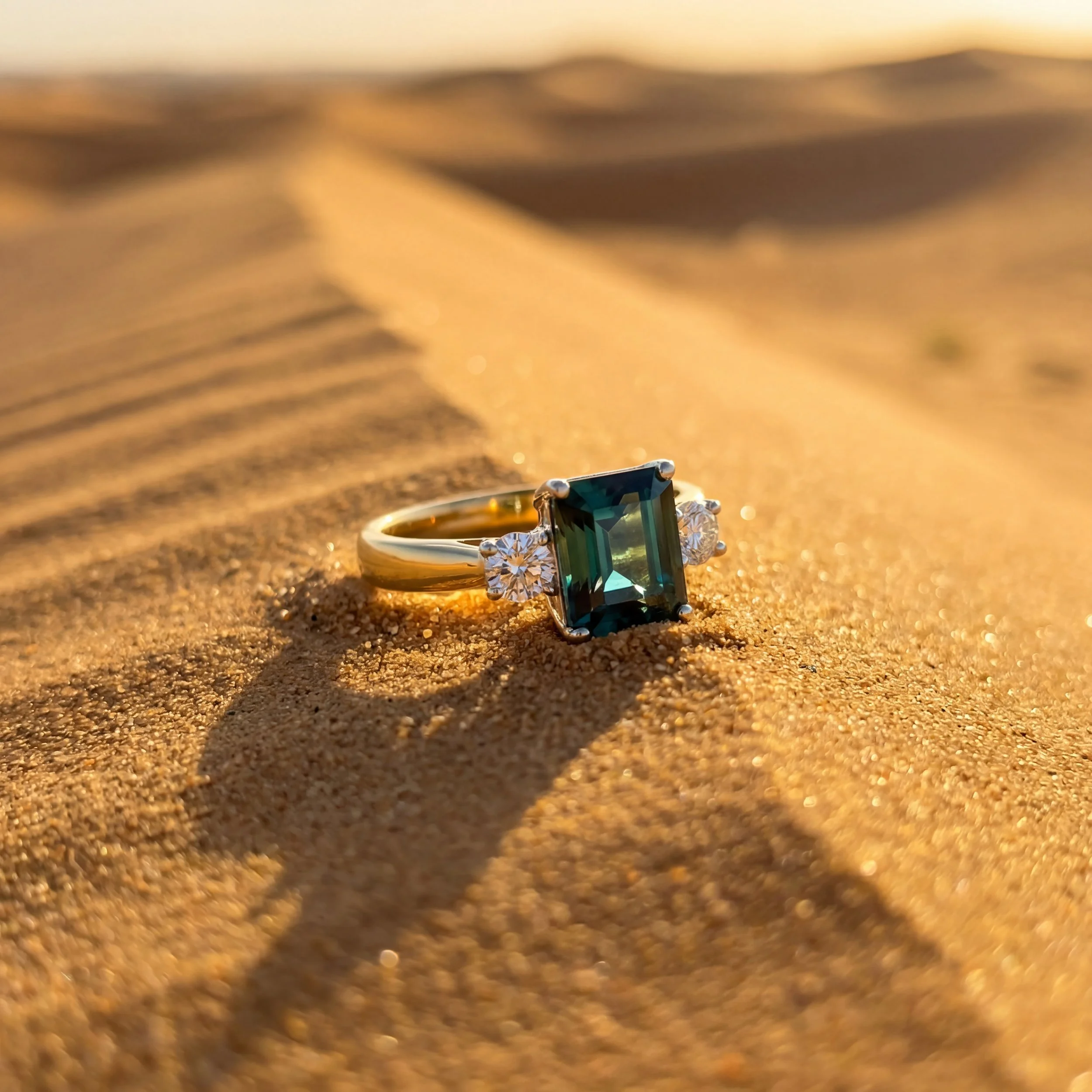 A gold ring with a large green square gem and diamonds.