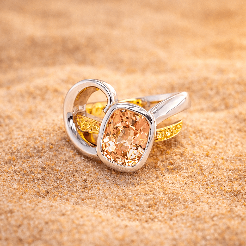 Peach sapphire dress ring set with yellow diamonds in yellow and white gold.