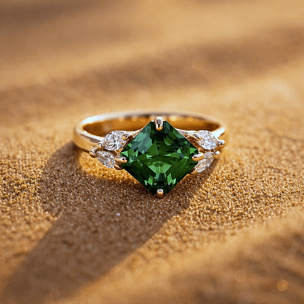Green tourmaline engagement ring set with diamonds in yellow gold.