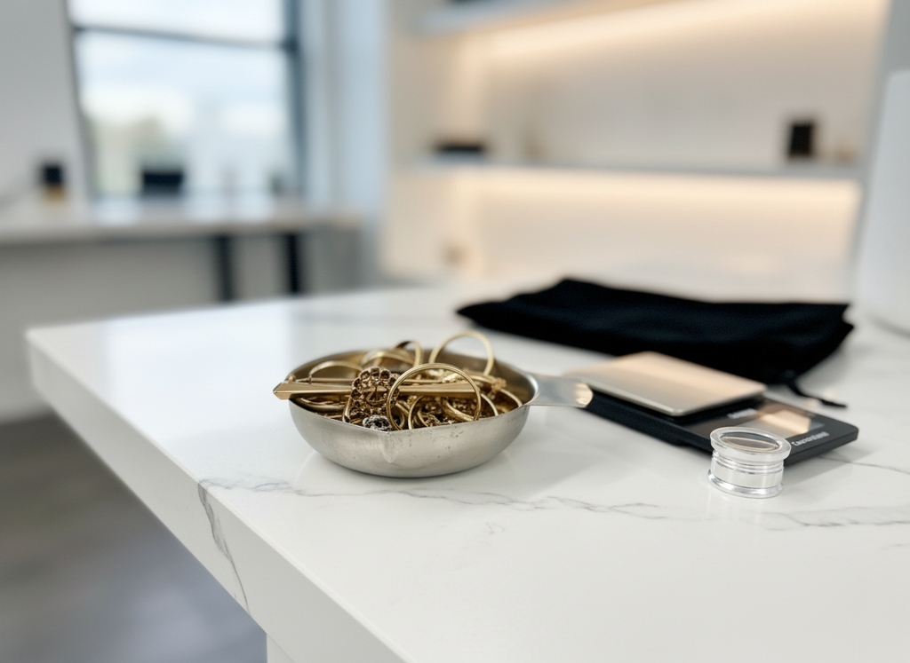A metal bowl filled with gold jewellery on a marble bench.