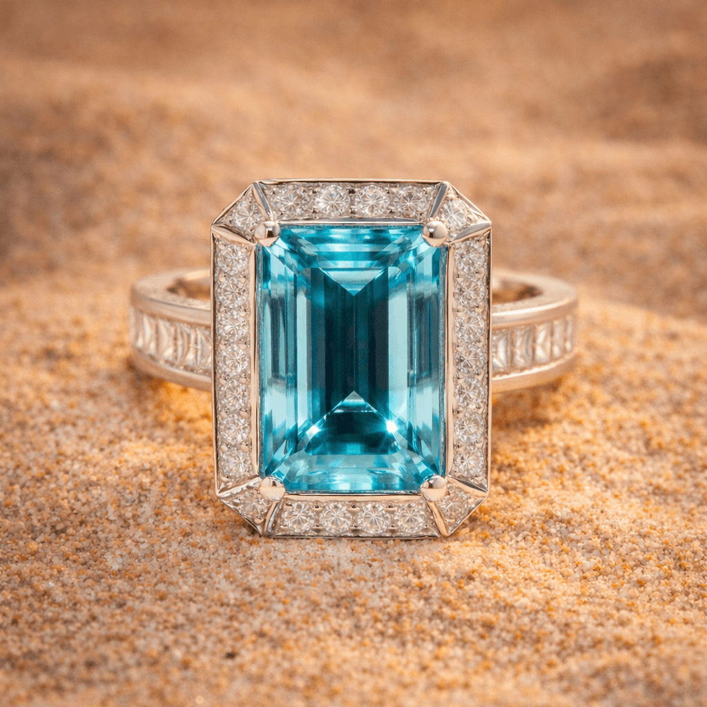 Aquamarine dress ring set with brilliant cut diamonds in white gold.