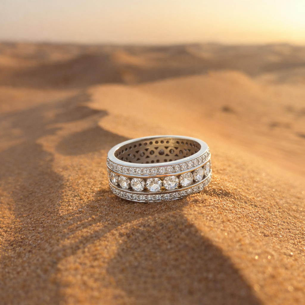 A silver ring with diamonds going all the way around in three lines.