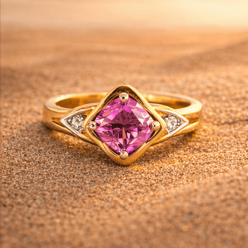 Pink sapphire dress ring set with brilliant cut diamonds in yellow and white gold.
