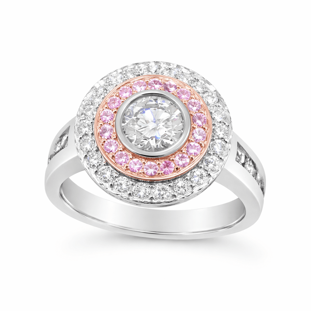 Pink and white diamond engagement ring set in rose and white gold.