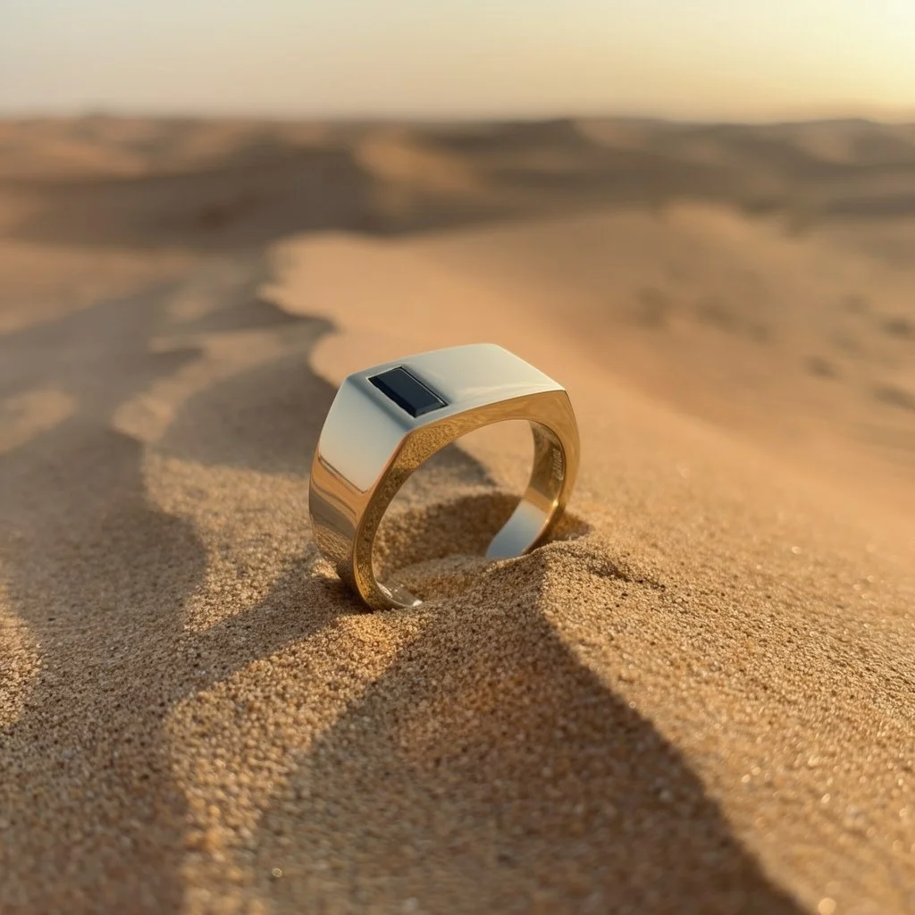 A thick gold ring with a rectangular black gemstone.