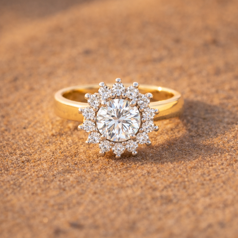 A gold ring with diamonds.