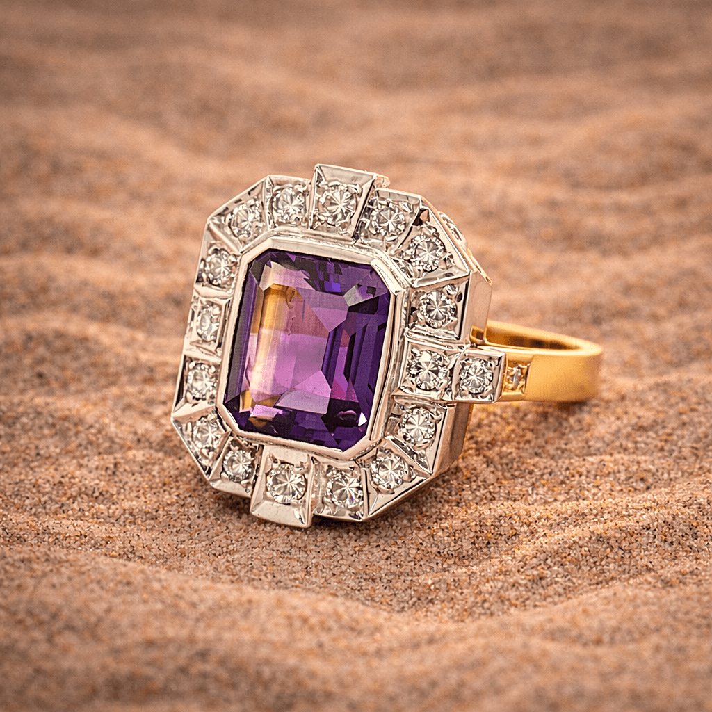 Purple sapphire Art Deco ring set with round brilliant cut diamonds in white and yellow gold.