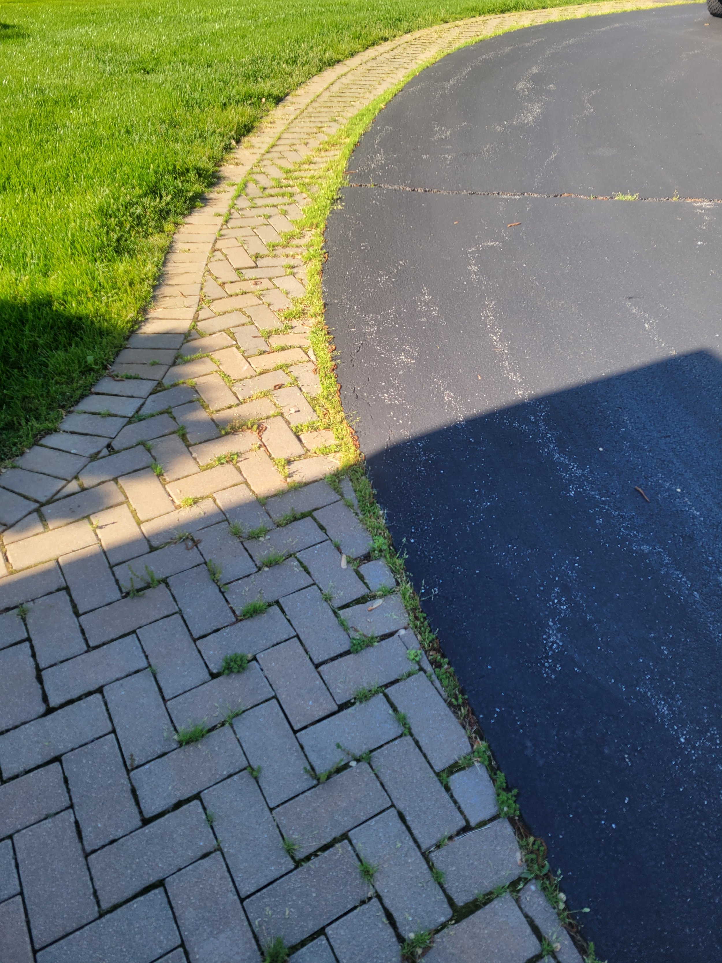 Sidewalk and paved driveway with grass on the left side and a shadow cast on the bottom right corner.