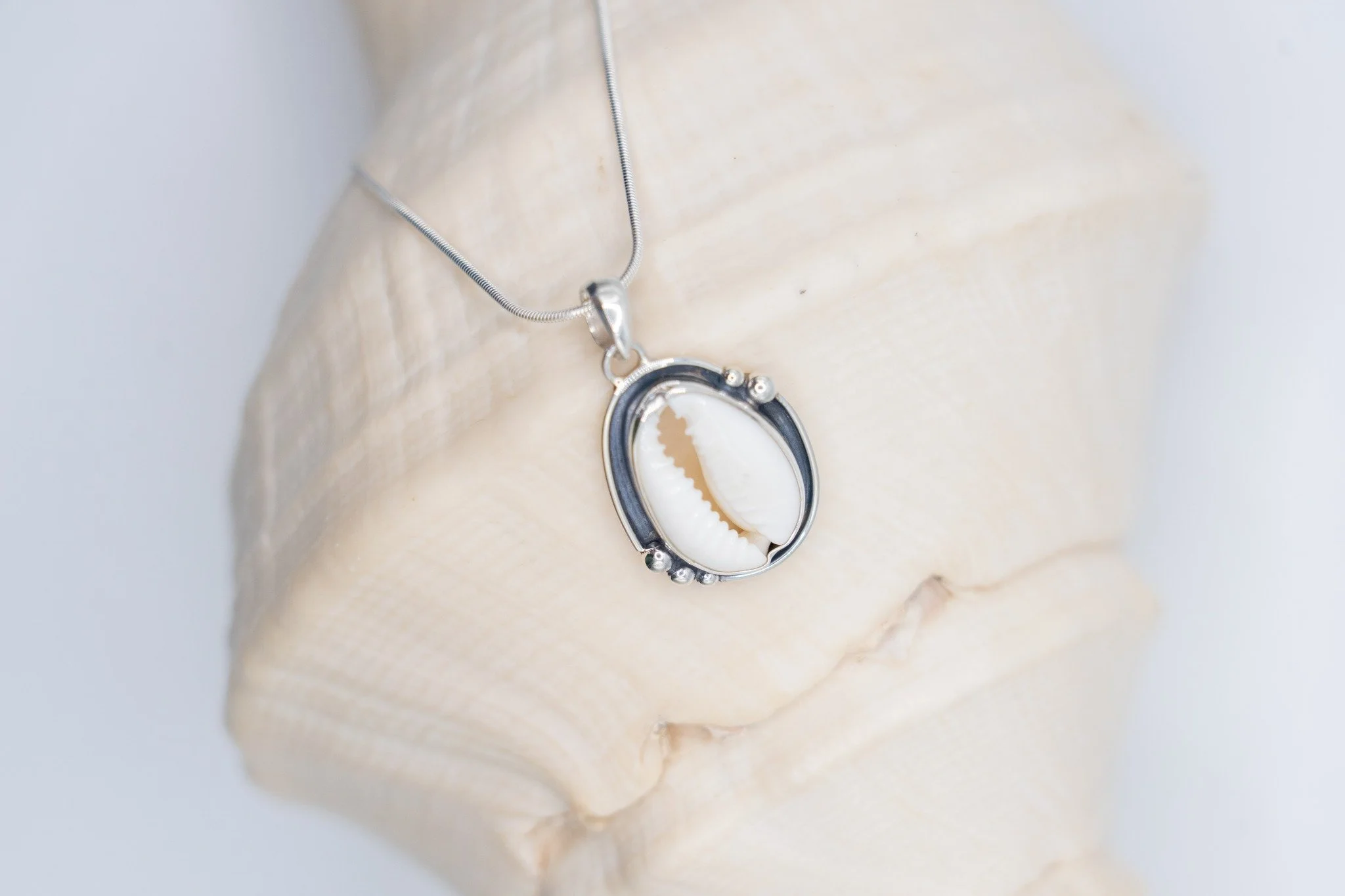 Cowrie drops set in sterling silver.

Cowries are one of our favourite shells to work with in our jewellery designs. Many of us carry memories of hunting for them along the shoreline... spotting that soft white sheen among the sand, then flipping one