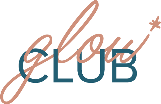 Graphic design with the words 'glow' in pink cursive and 'CLUB' in blue uppercase letters.