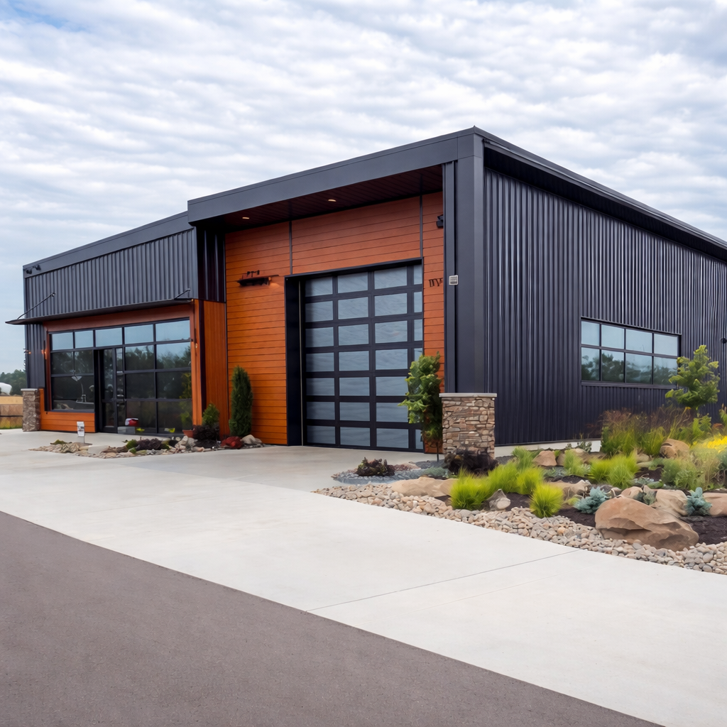 Modern commercial building with black metal siding and wood accents, large glass windows, and a glass roll-up garage door, surrounded by landscaped rocks and plants under a cloudy sky.