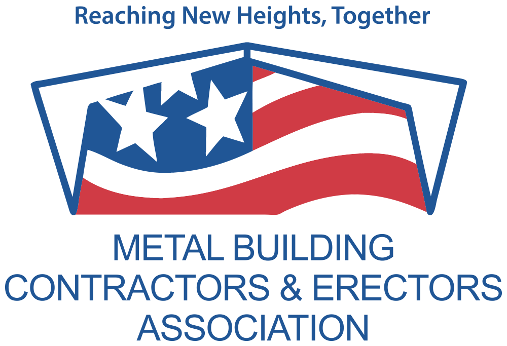 Logo for the Metal Building Contractors & Erectors Association featuring an American flag motif and the slogan "Reaching New Heights, Together"