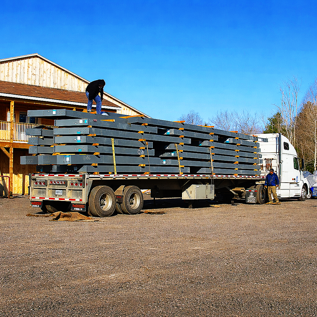 A person standing on a flatbed truck loaded with steel beams, parked outside a wooden building under a clear blue sky.