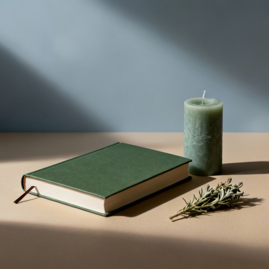 A green hardcover notebook, a green candle, and a sprig of dried lavender on a beige surface with light and shadow.