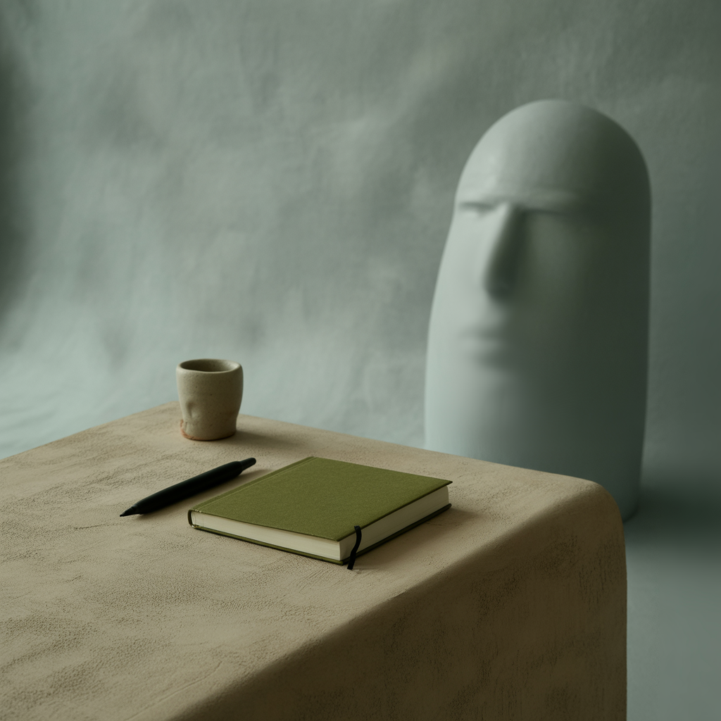 A beige table with a black pen, a closed green notebook, a small ceramic cup, and a large white abstract face sculpture in the background.