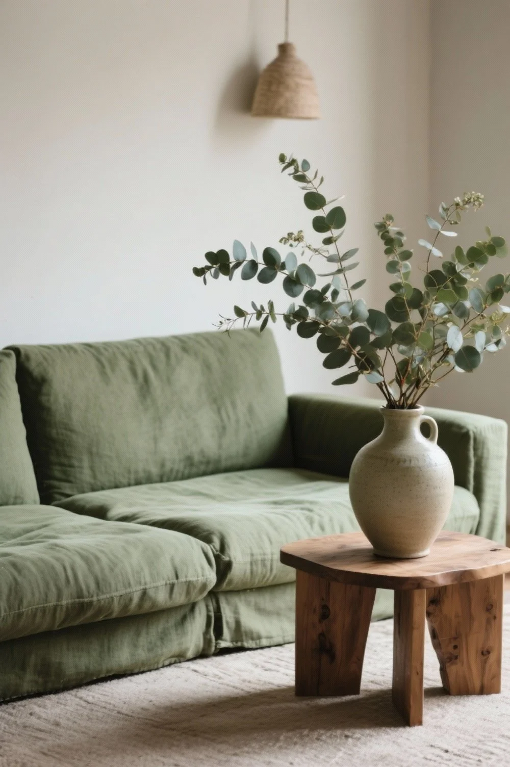 A cozy living room scene with a green sofa, a beige vase with eucalyptus branches on a wooden side table, and a woven pendant light hanging on a white wall.
