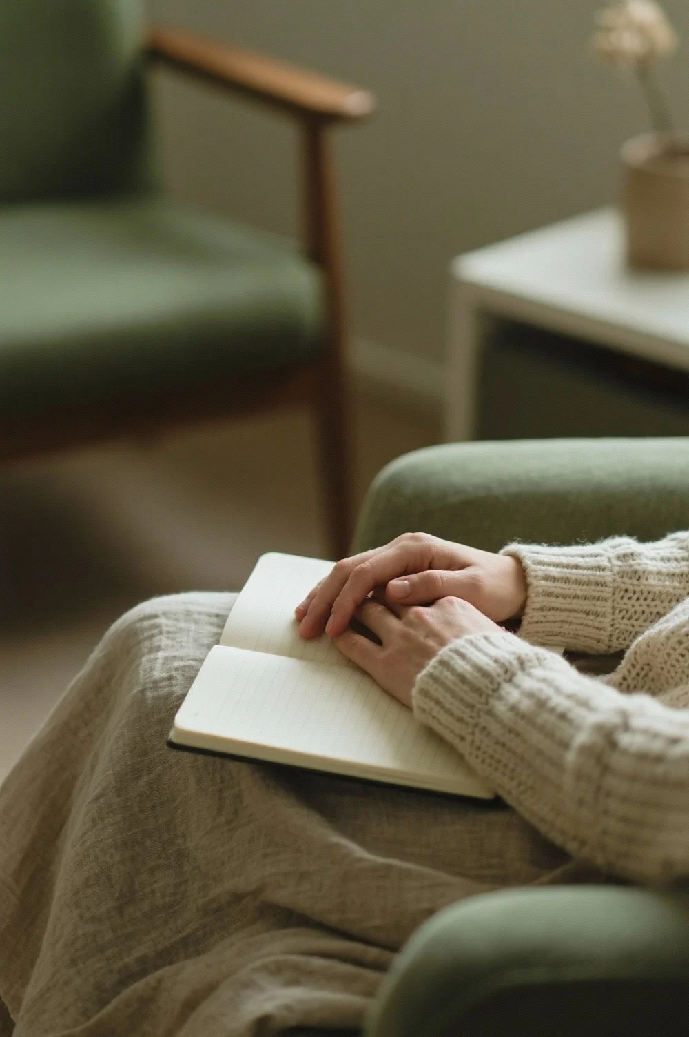 Person sitting on a green armchair, wearing a cream-colored knit sweater, holding an open notebook in their lap with hands clasped.