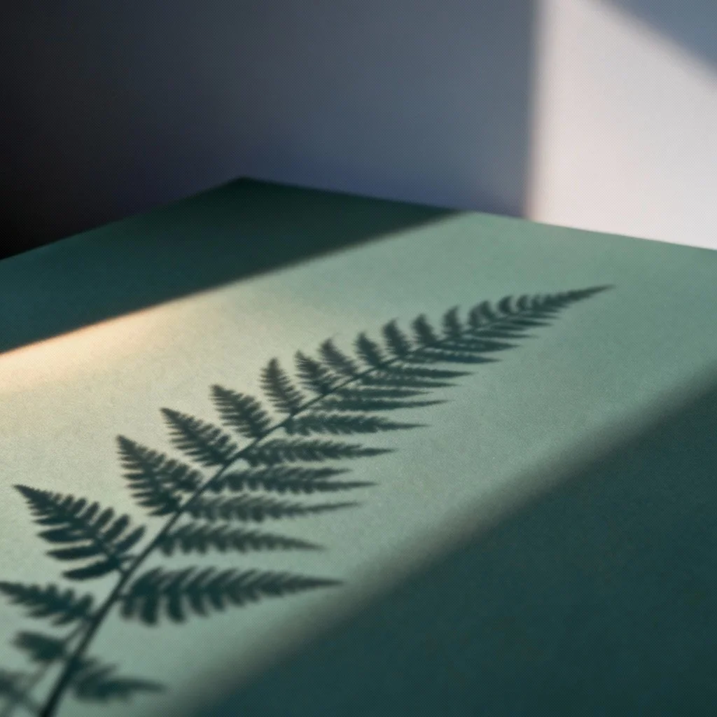 Shadow of a fern leaf on a textured green surface with sunlight and shadow creates a contrast.