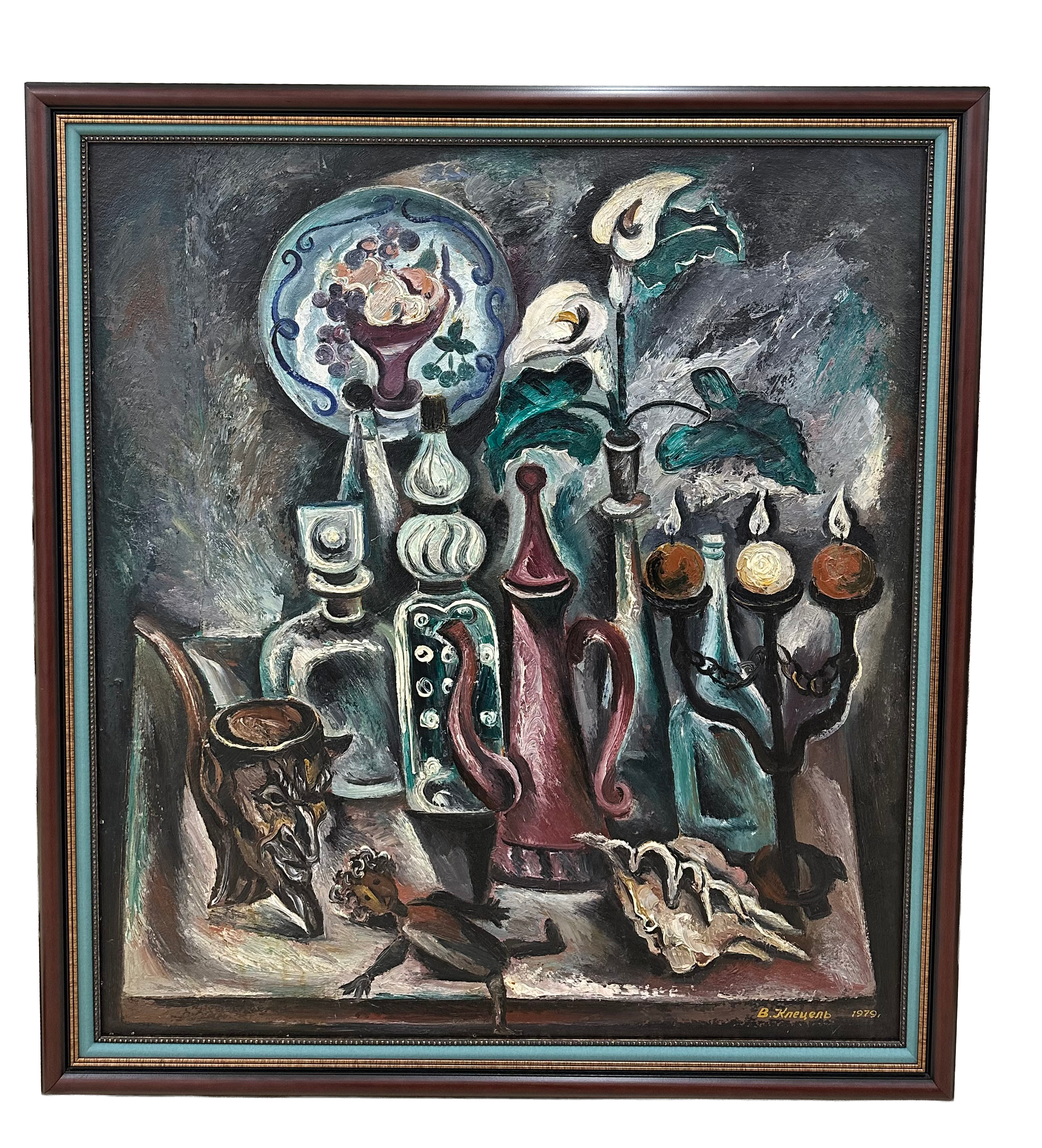 oil painting on panel board in a wood frame with a linen liner and fillet.