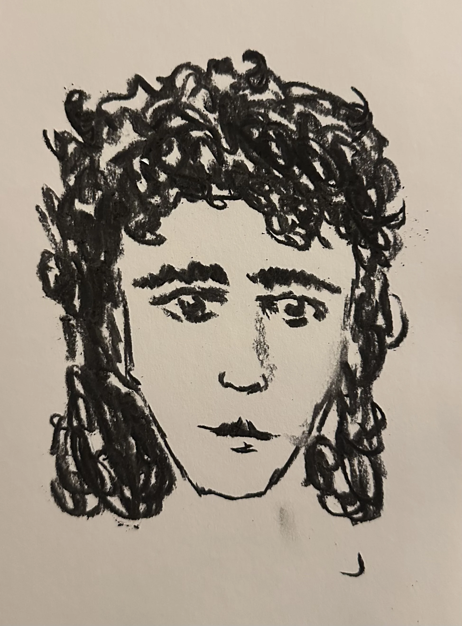 Black ink sketch of a person's face with curly hair, arched eyebrows, and a neutral expression.