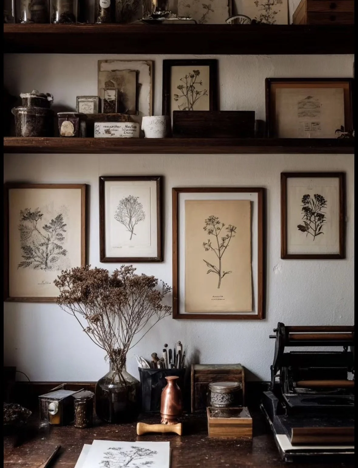 Wall with framed botanical prints, dried flowers in a vase, and various art supplies and vintage items on a wooden desk.