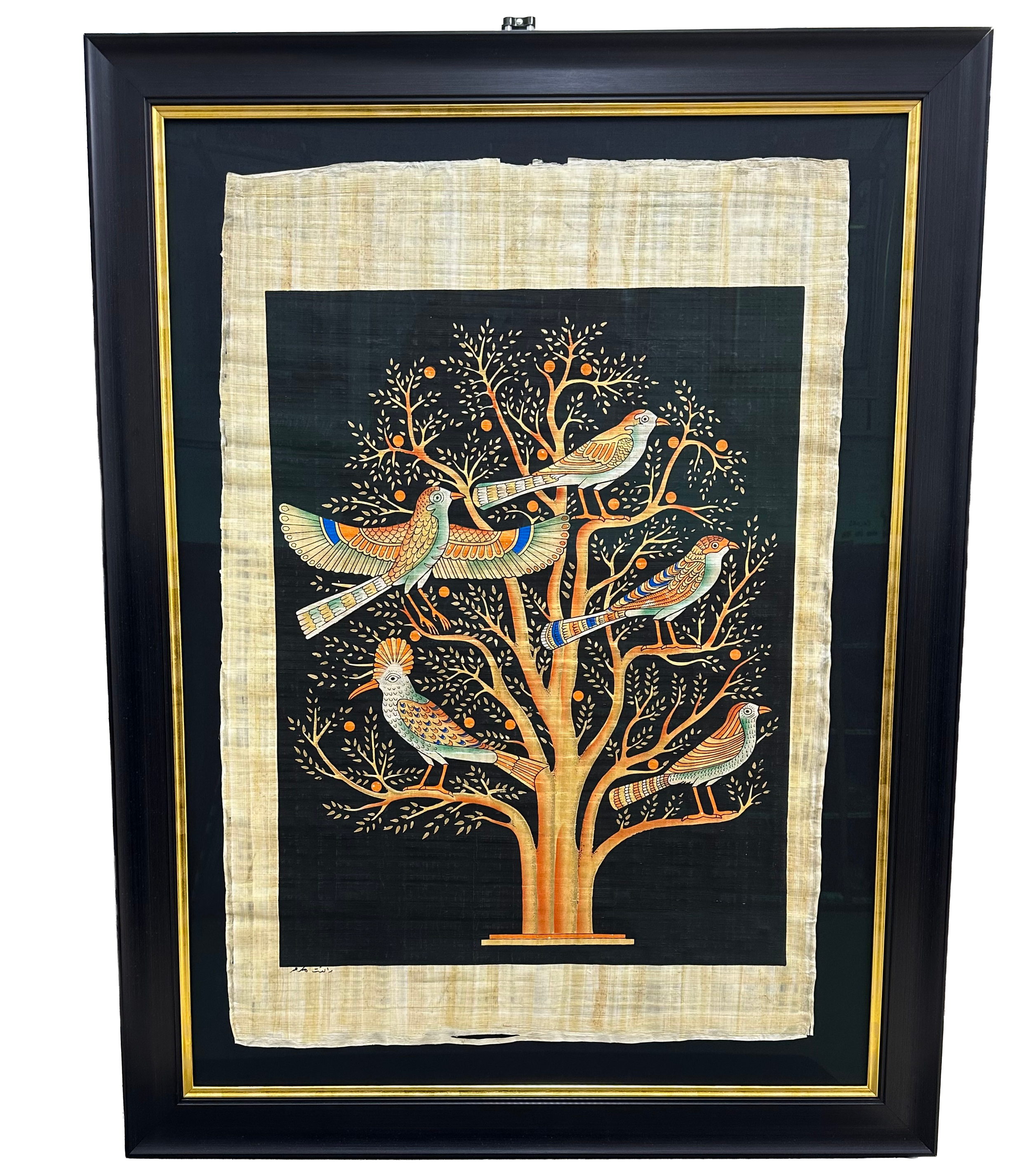 papyrus on black linen backing in a wood frame.
