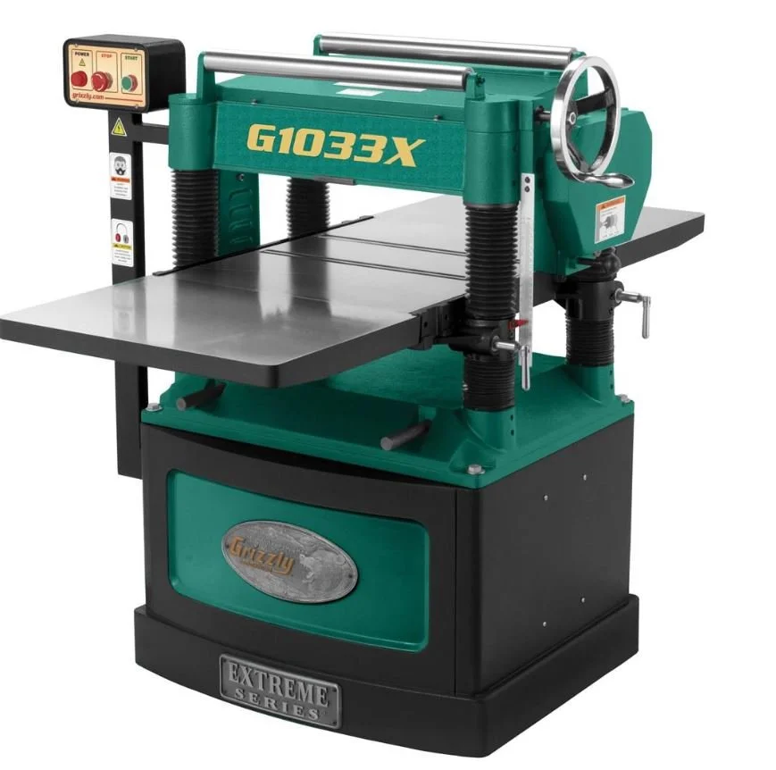 This is my Grizzly G1033X 20" Planer. To put it simply, this reduces the thickness of wood that I run through it. A critical tool and the 20" width is a luxury to have - along with the monster 5hp motor