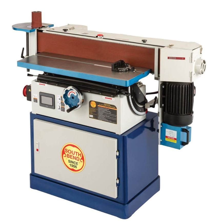 This is my South Bend SB1097 6" x 108" VS Oscillating Edge Sander. It has many different sanding functions to do flat parts, curves, angles, etc