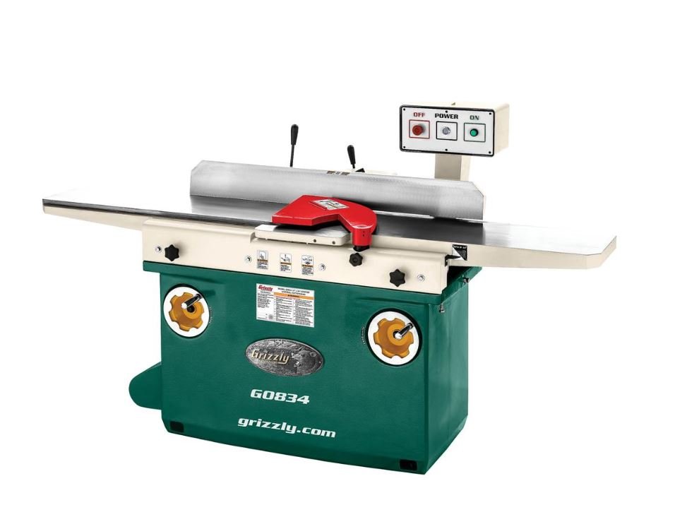 This is my Grizzly G0834 12" Jointer with a 5HP motor. When wood first comes into the shop it is not flat or "square." This is the first step towards getting it into a flat, square, workable state.