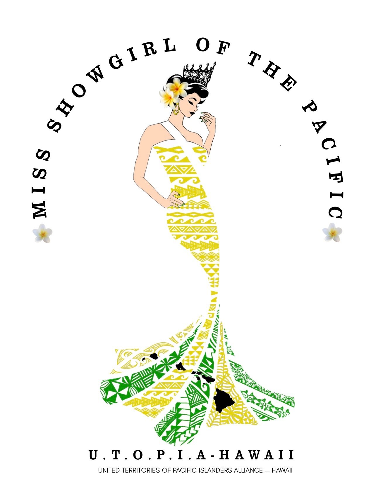 Illustration of a woman in a traditional Hawaiian dress with yellow and green tribal patterns, wearing a crown and flower in her hair, with the text 'Miss Howgirl of the Pacific' and 'U.T.O.P.I.A-Hawaii'