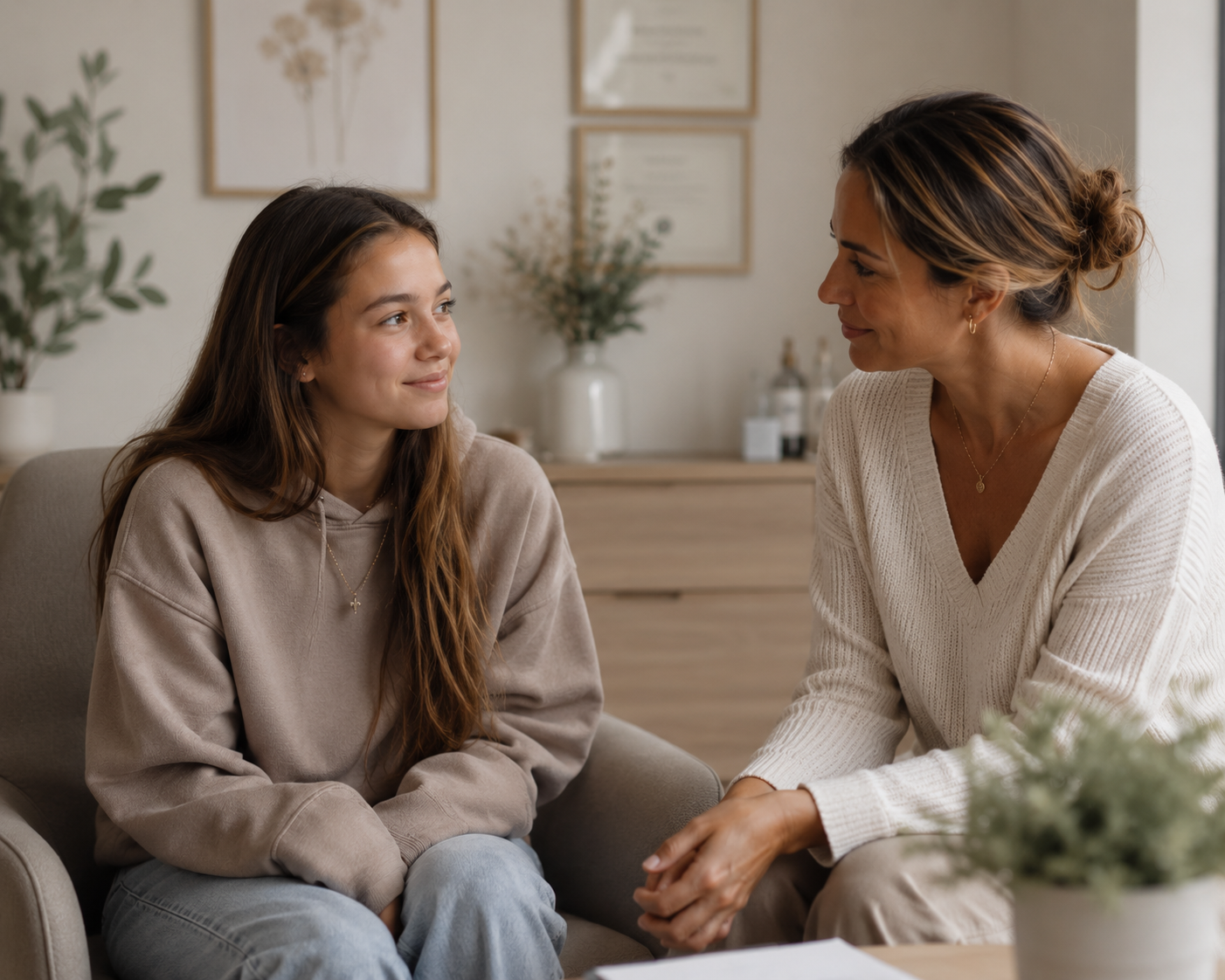 A young woman and an older woman sitting on a sofa, facing each other and having a conversation in a cozy, well-decorated room with framed artwork and plants.