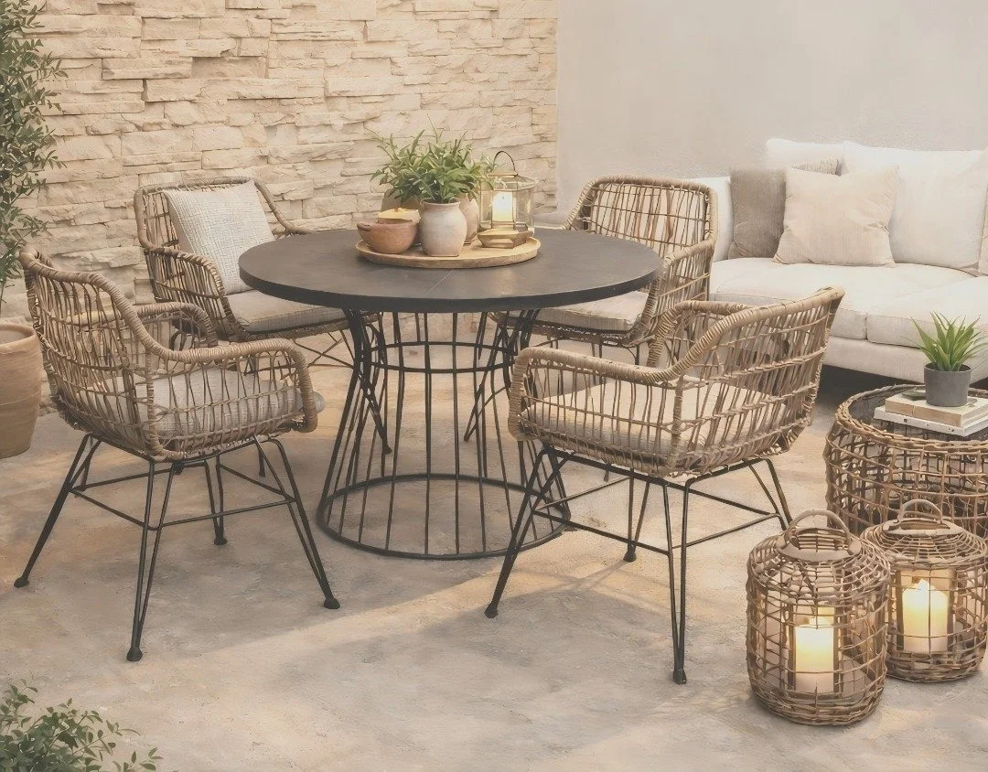 Outdoor patio with a round black table, four rattan chairs with cushions, a white sofa with pillows, potted plants, lanterns with candles, and decorative items.