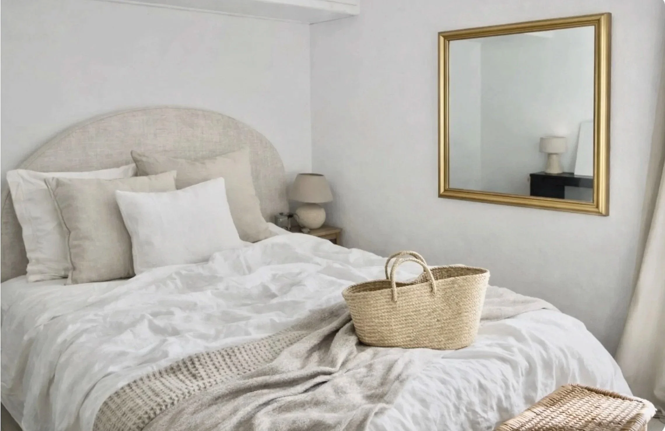 Cozy bedroom with a neatly made bed, white bedding, multiple beige pillows, and a wicker basket on the bed. A nightstand with a lamp and a framed mirror on the wall are also visible.