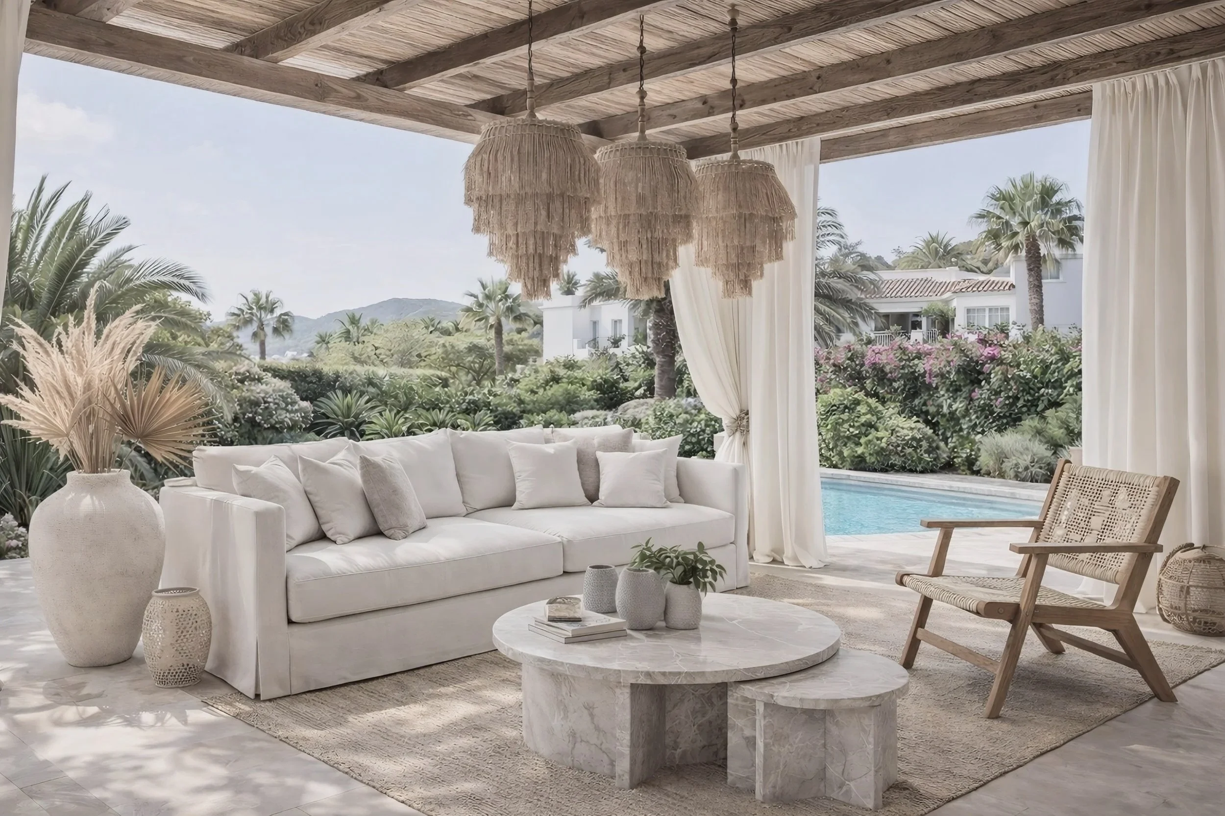 Outdoor living space with white sofa, marble coffee table, woven armchair, and decorative vases, overlooking a lush garden with a pool and palm trees in the background.