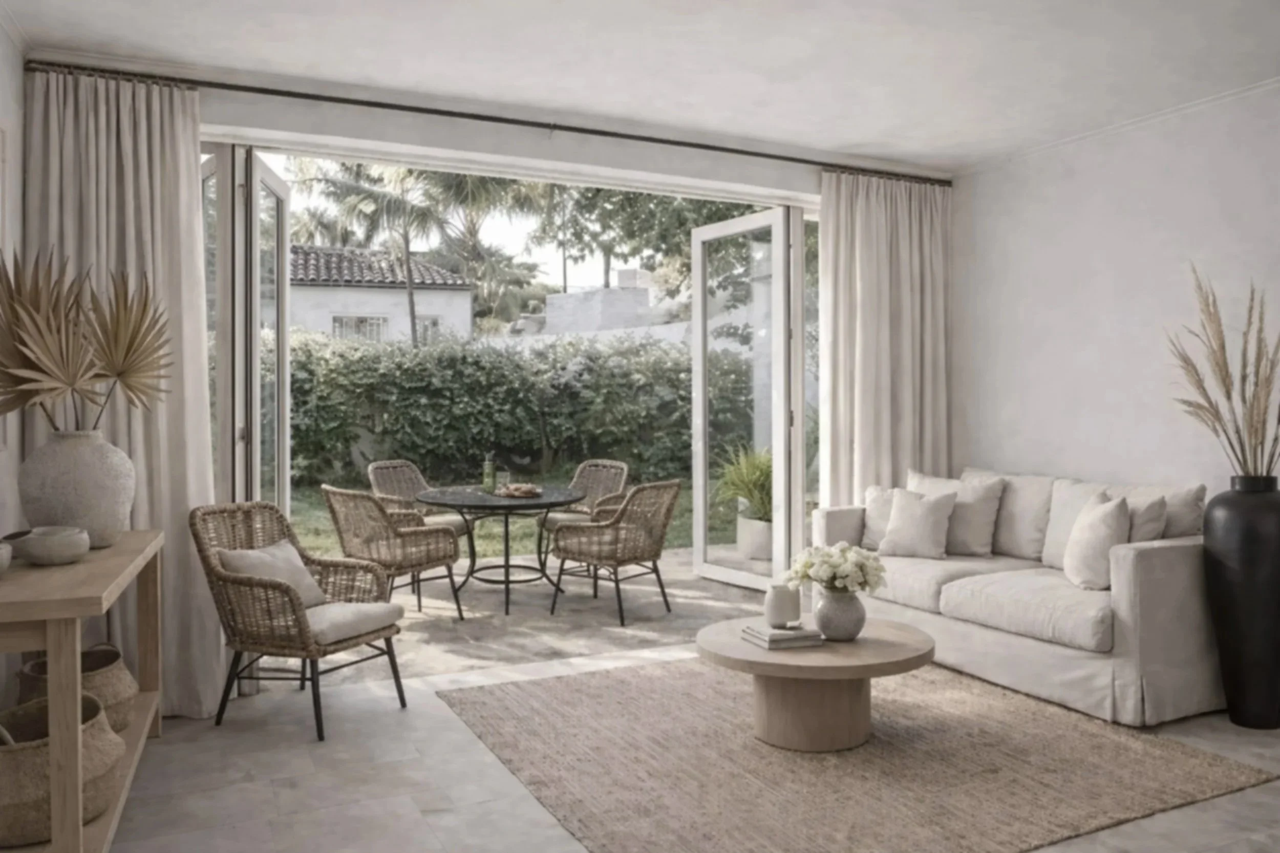 Bright living room with large open window leading to outdoor patio, white couch, round coffee table with vase of flowers, wicker chairs, neutral color decor, and outdoor garden with trees in background.